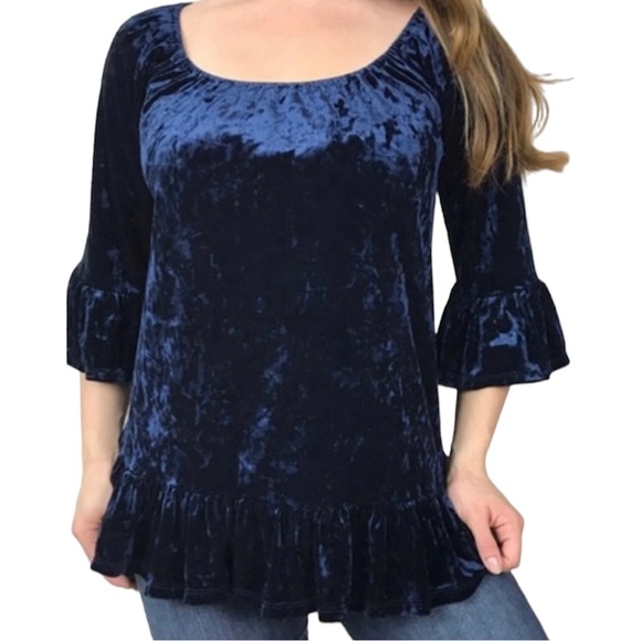 Crushed velvet off shoulder bell sleeves flutter hem blue top women’s Size Small - Picture 1 of 11